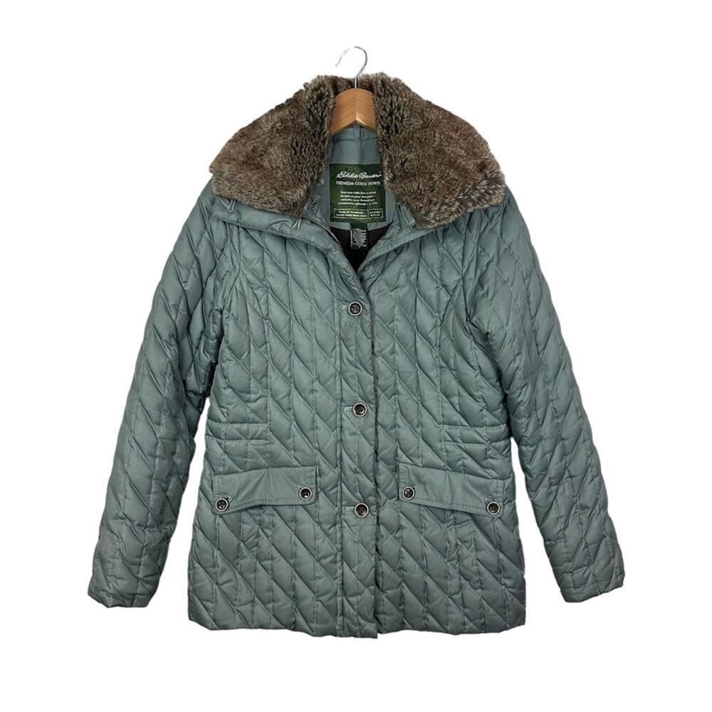 Eddie Bauer Quilted Goose Down Coat Size Small Removable Faux Fur Collar Seafoam